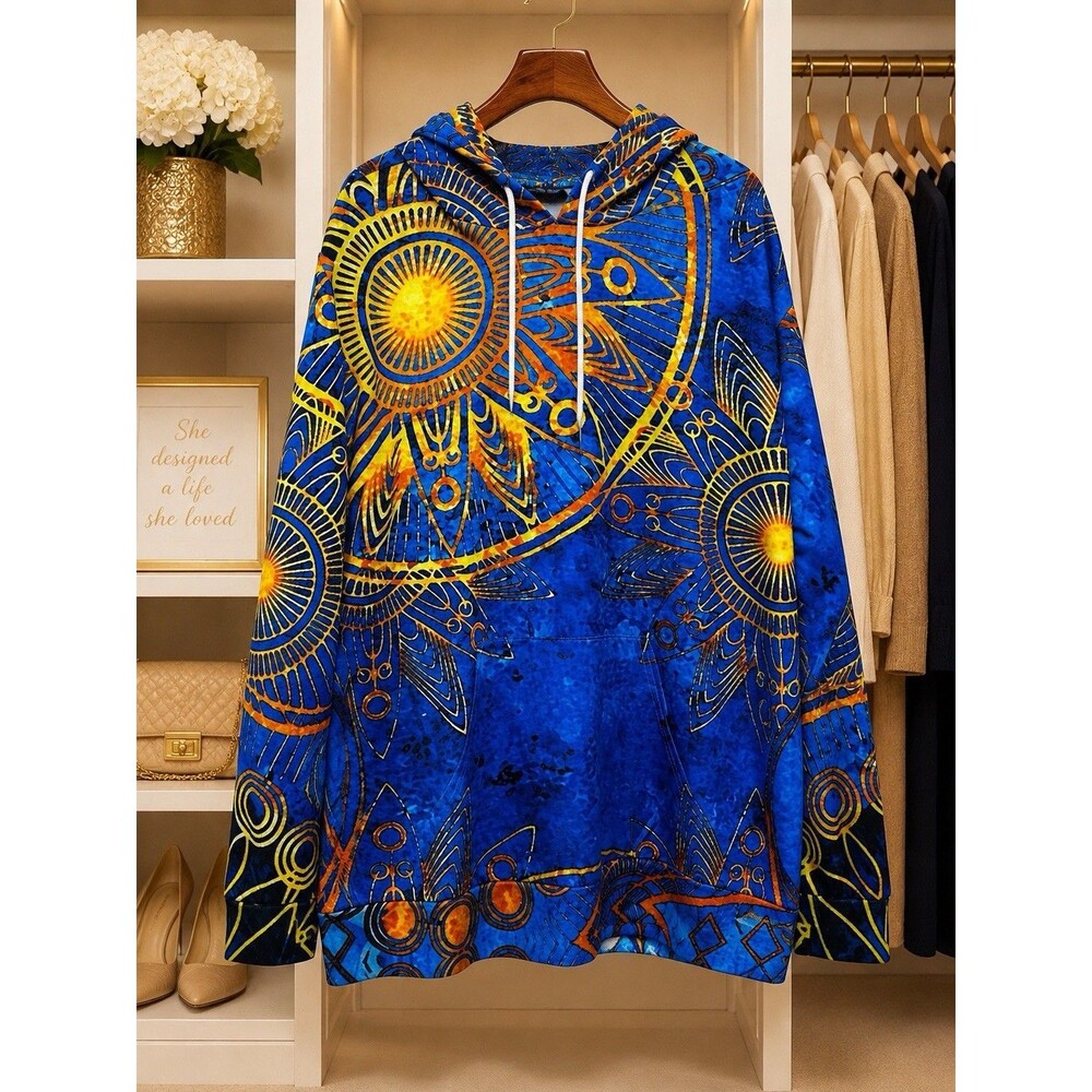 Xuan Ying Collection XL Blue Orange Abstract Art Print Hoodie Pullover  Top